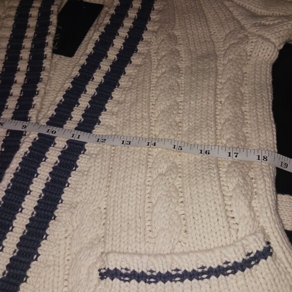 NEW Chaser Cable Knit Belted Cardigan In Cake/Cream & Blue Jay Stripe M Preppy - Picture 10 of 11
